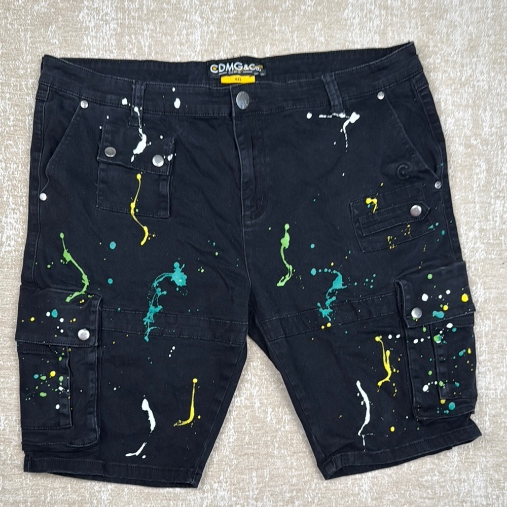 CDMG Black Denim Shorts with Colorful Splatter